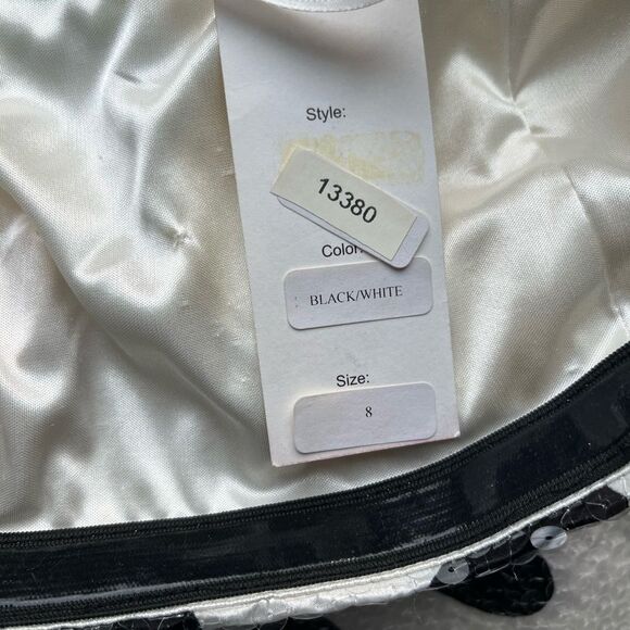 La Femme sequined, printed cocktail dress w/ black waistband + strapless bodice - Picture 12 of 13